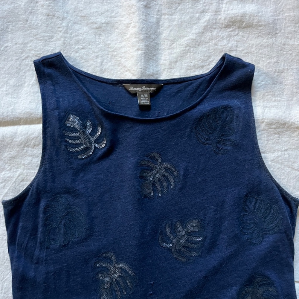 Tommy Bahama Navy 100% Linen Tank Top Blouse with Sequin Monstera Leaf Design
